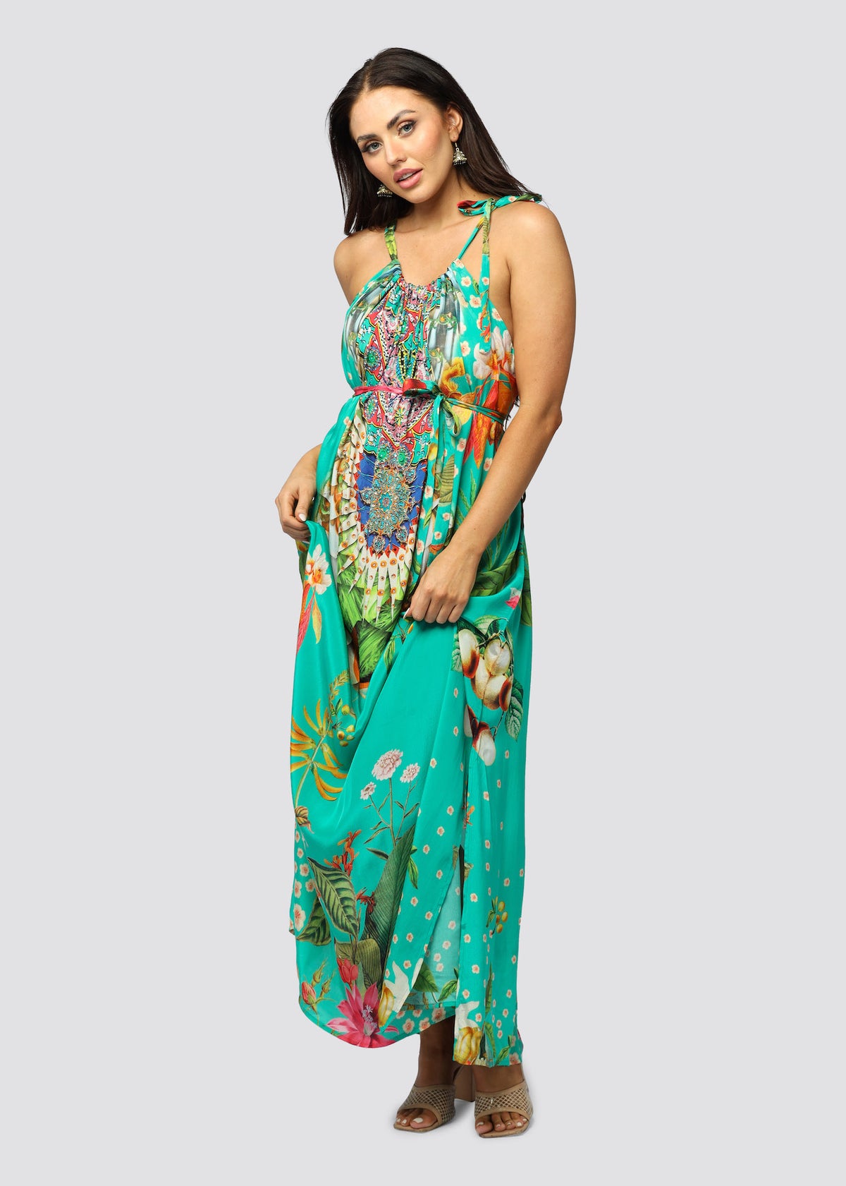 green floral sequin dress GREEN EYES ~ DRAWSTRING MAXI DRESS