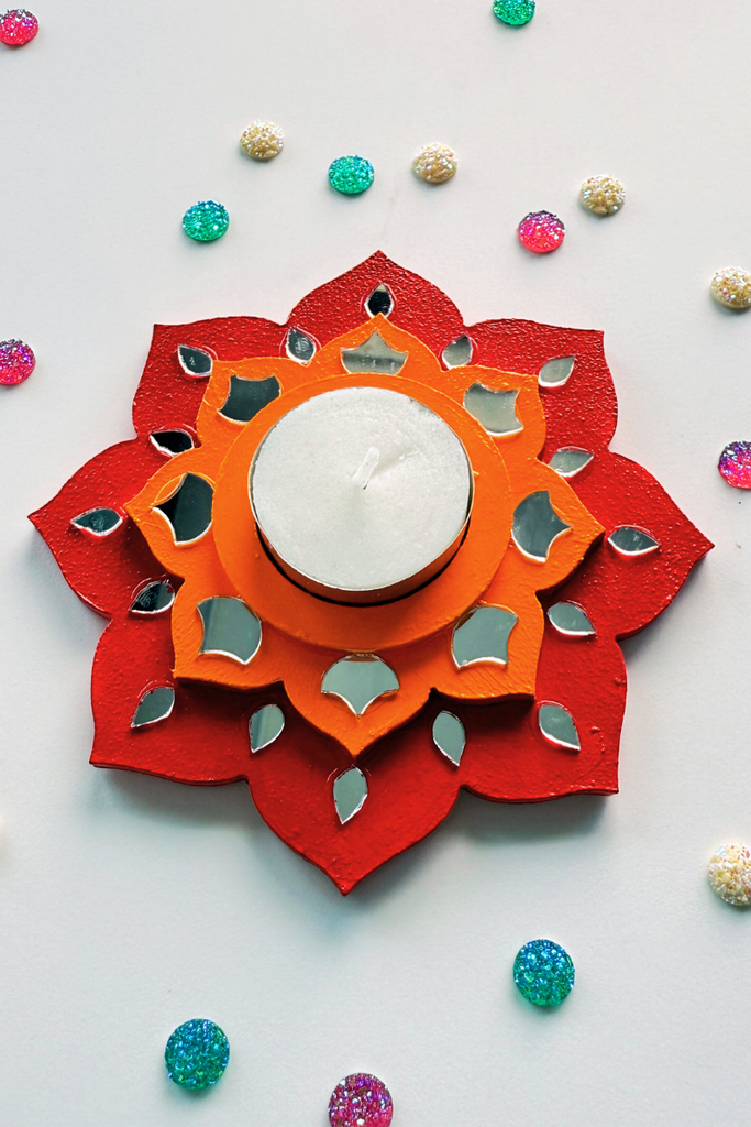 CANDLE COASTER | Handmade Decorated with Mirror (red & orange)