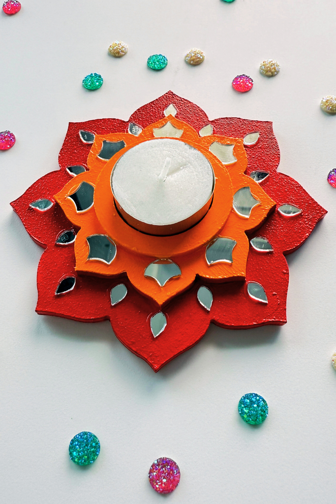 CANDLE COASTER | Handmade Decorated with Mirror (red & orange)