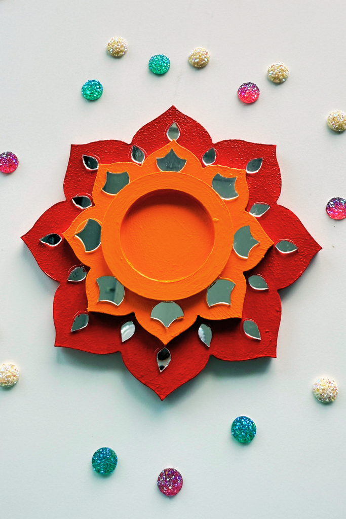 CANDLE COASTER | Handmade Decorated with Mirror (red & orange)