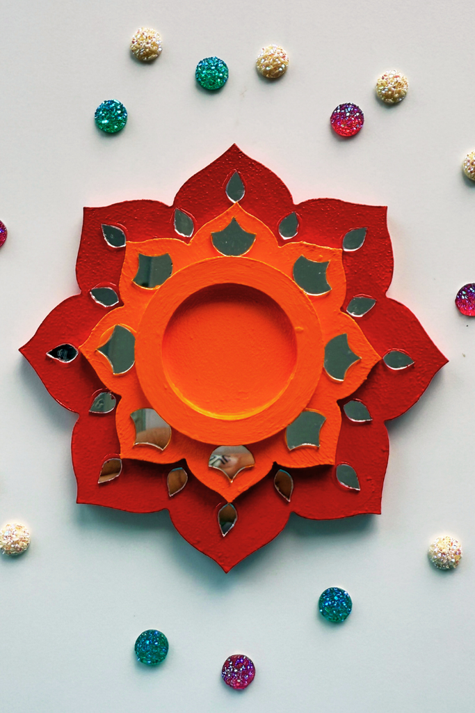 CANDLE COASTER | Handmade Decorated with Mirror (red & orange)
