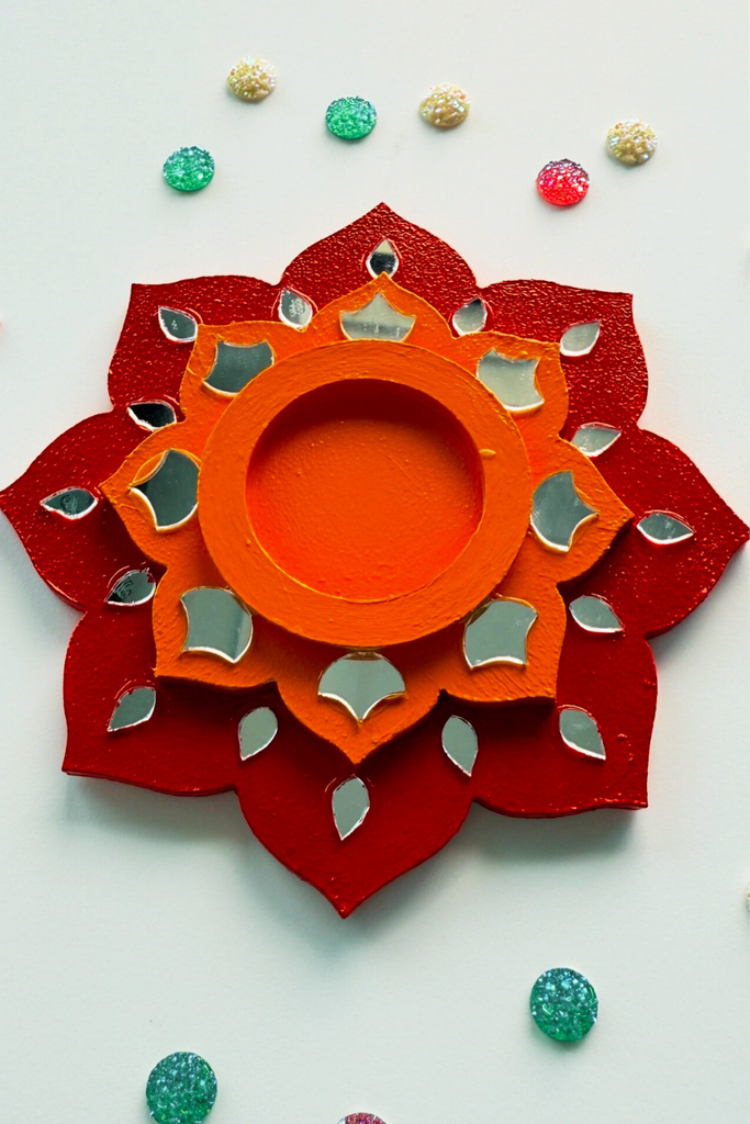 CANDLE COASTER | Handmade Decorated with Mirror (red & orange)