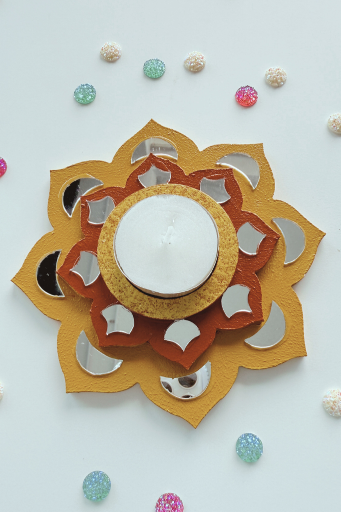 CANDLE COASTER | Handmade Decorated with Mirror (MUSTERD YELLOW & BROWN)