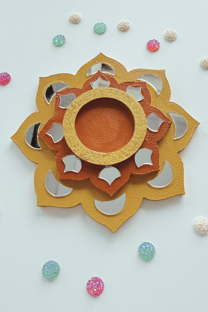 CANDLE COASTER | Handmade Decorated with Mirror (MUSTERD YELLOW & BROWN)