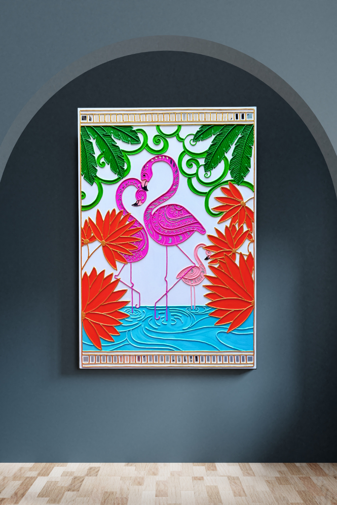 FLAMINGO FAMILY | Handcrafted Textured Clay Wall Art with Mirrors