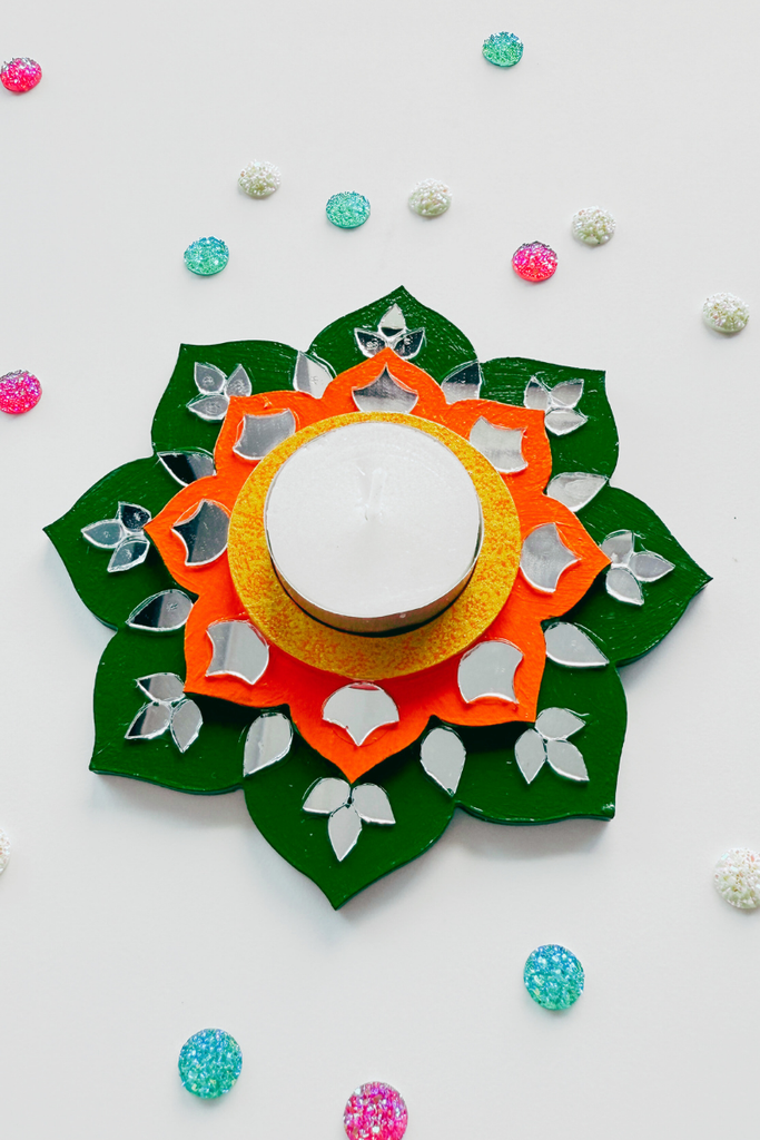 CANDLE COASTER | Handmade Decorated with Mirror (green & orange)