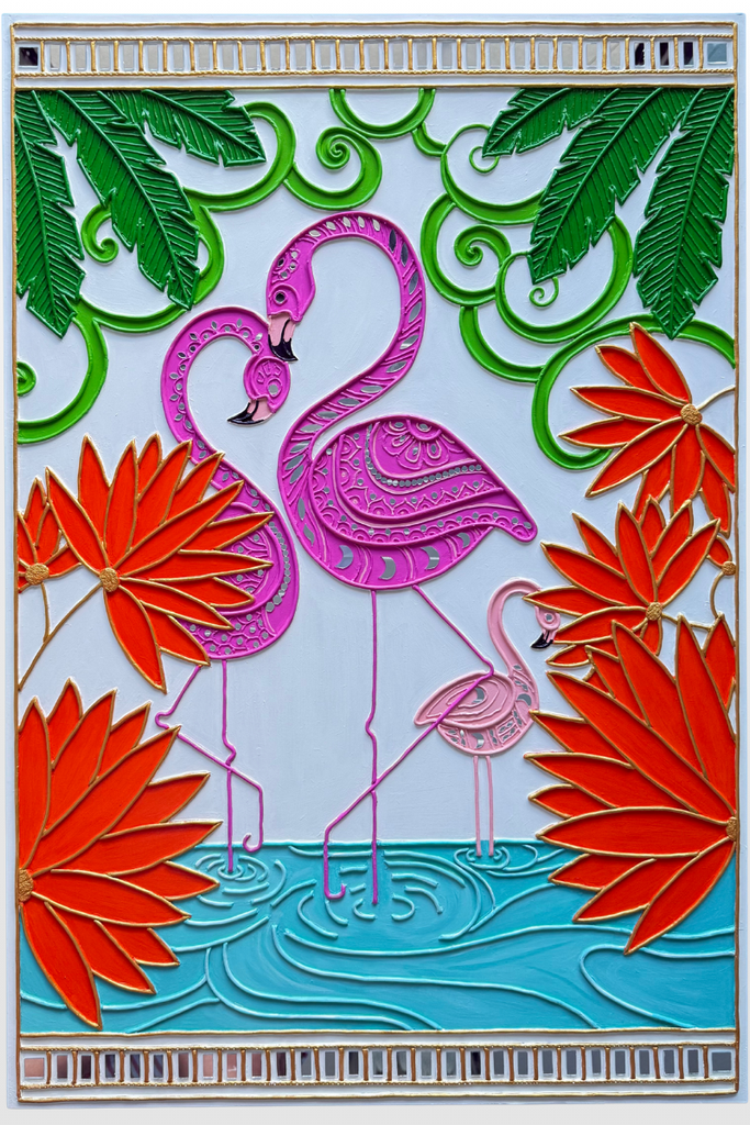 FLAMINGO FAMILY | Handcrafted Textured Clay Wall Art with Mirrors