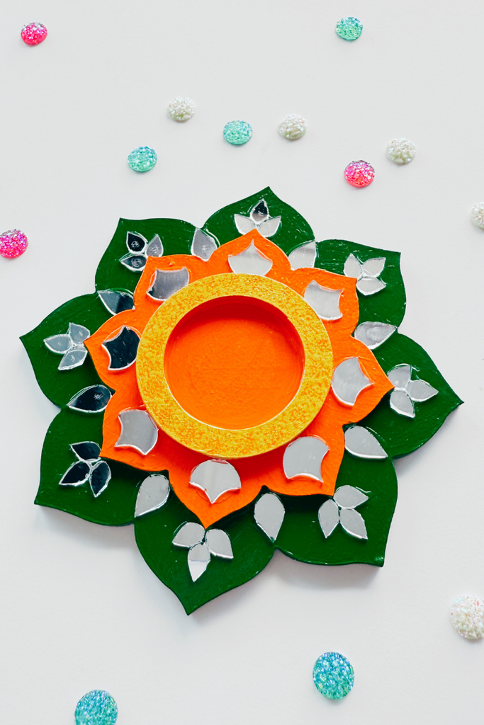 CANDLE COASTER | Handmade Decorated with Mirror (green & orange)