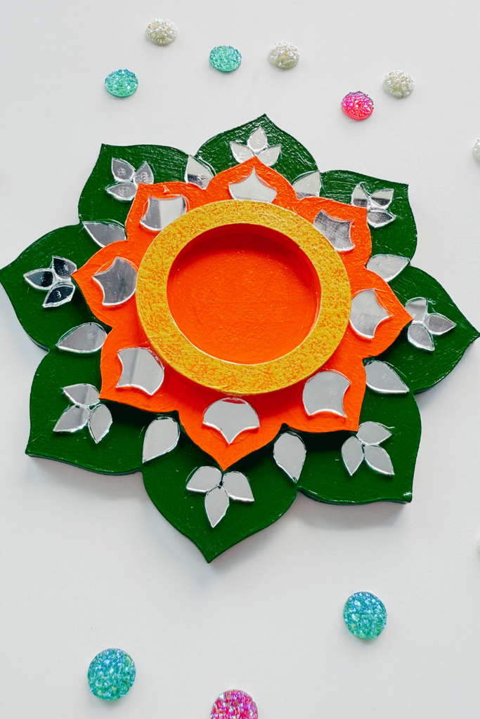 CANDLE COASTER | Handmade Decorated with Mirror (green & orange)