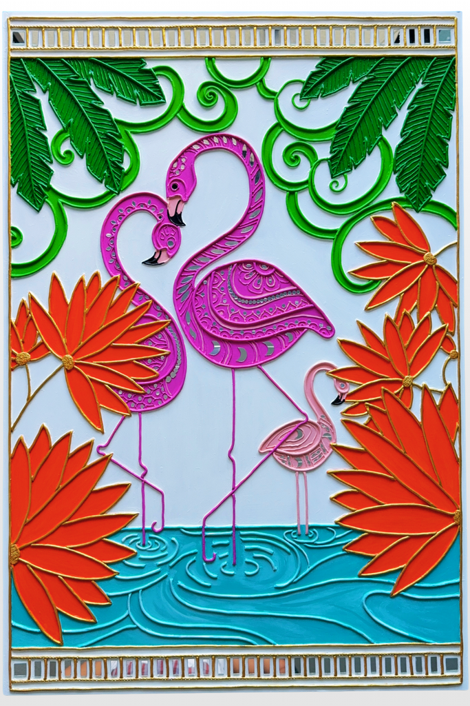 FLAMINGO FAMILY | Handcrafted Textured Clay Wall Art with Mirrors