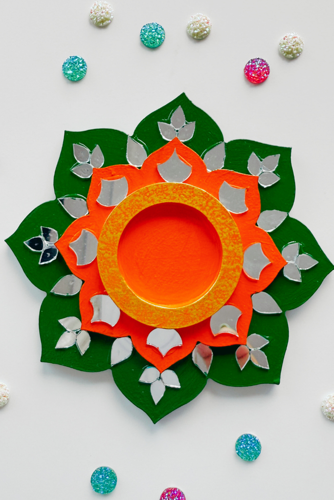 CANDLE COASTER | Handmade Decorated with Mirror (green & orange)