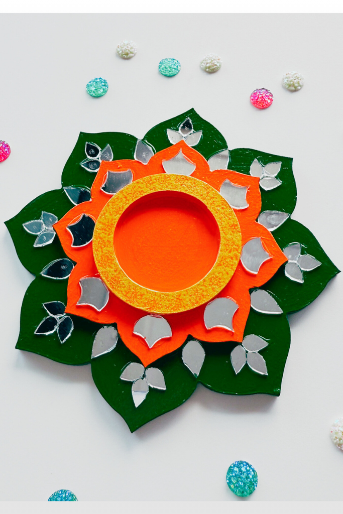 CANDLE COASTER | Handmade Decorated with Mirror (green & orange)