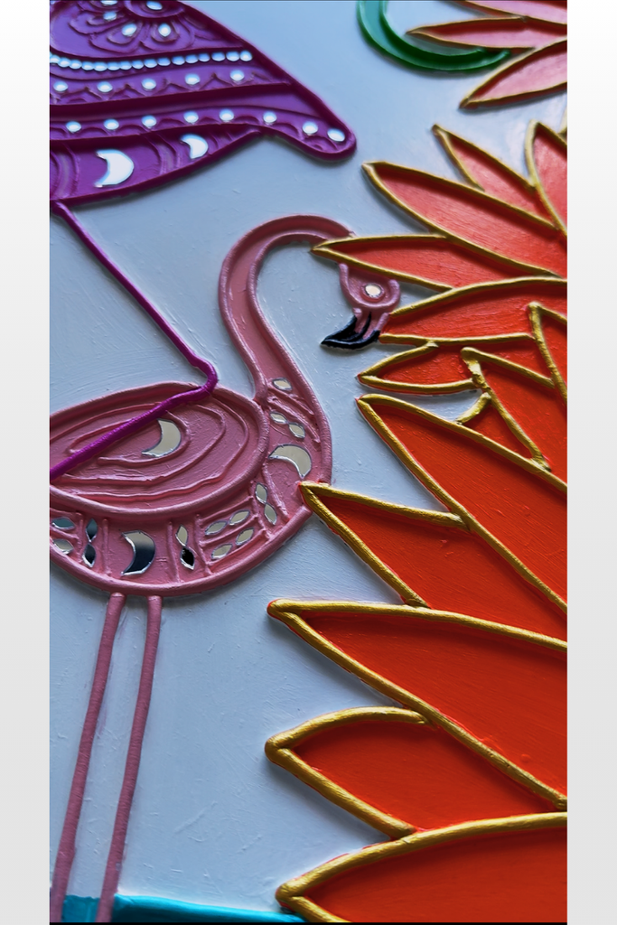 FLAMINGO FAMILY | Handcrafted Textured Clay Wall Art with Mirrors