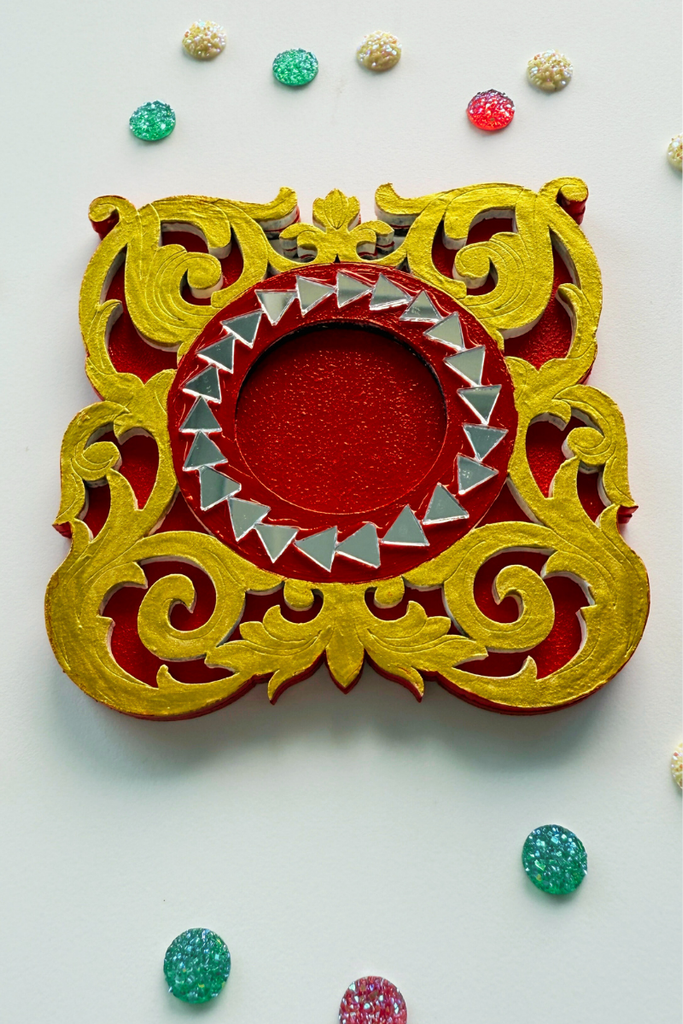 CANDLE COASTER | Handmade Decorated with Mirror (GOLD & RED)