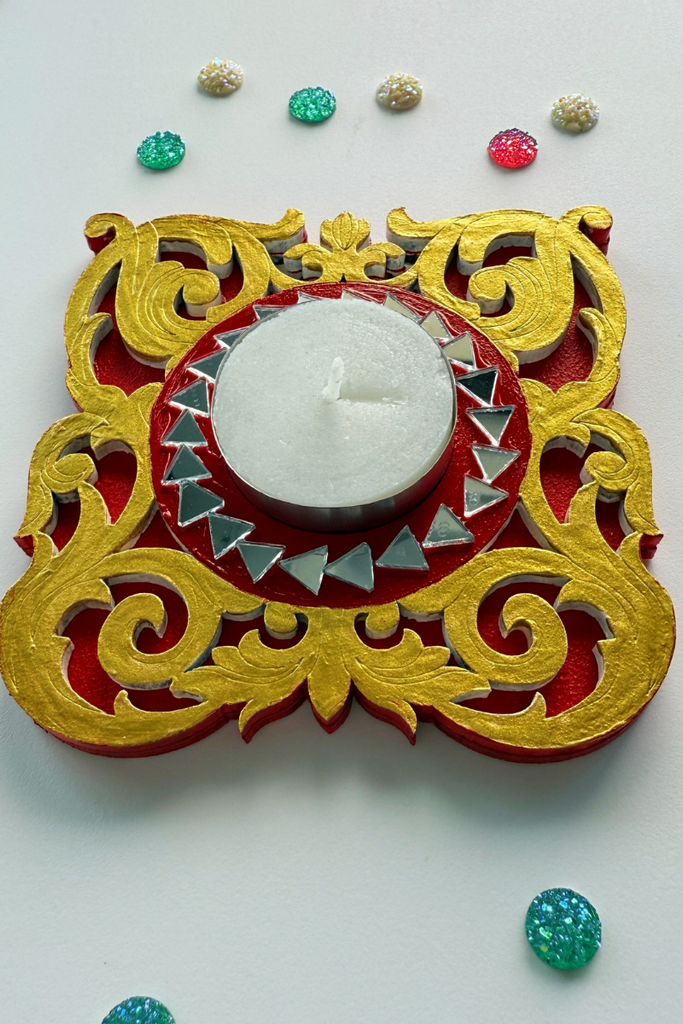 CANDLE COASTER | Handmade Decorated with Mirror (GOLD & RED)