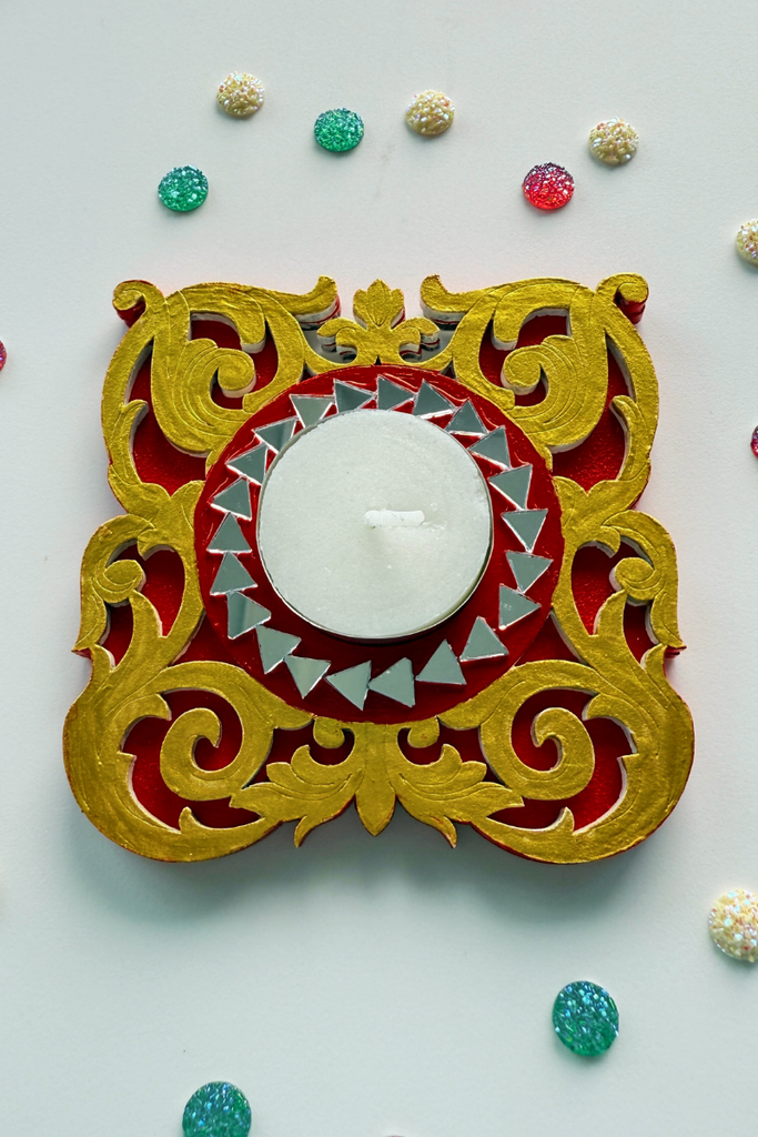 CANDLE COASTER | Handmade Decorated with Mirror (GOLD & RED)