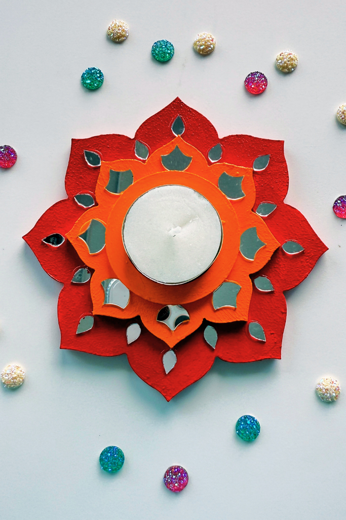CANDLE COASTER | Handmade Decorated with Mirror (red & orange)