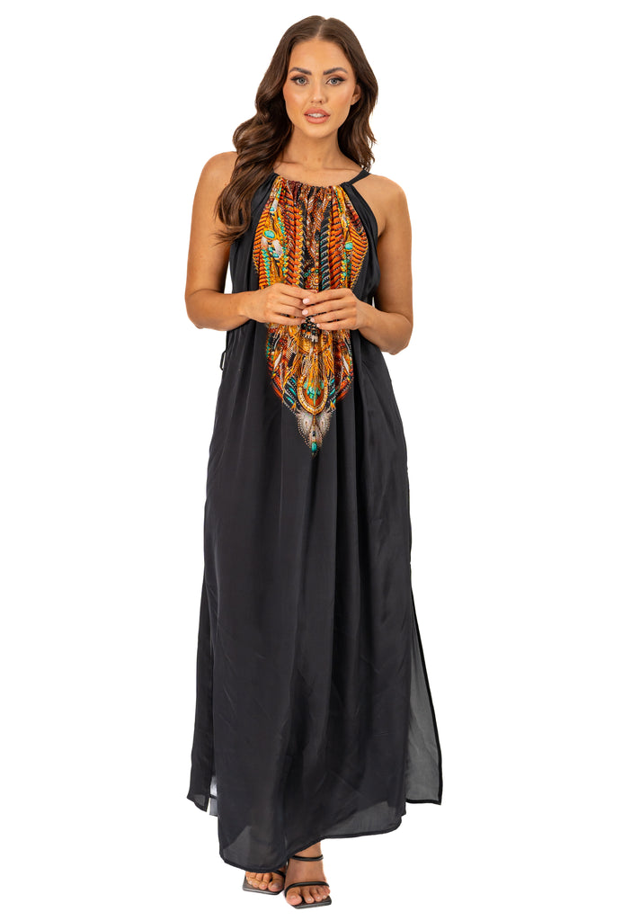 front view of Embellished drawstring maxi dress