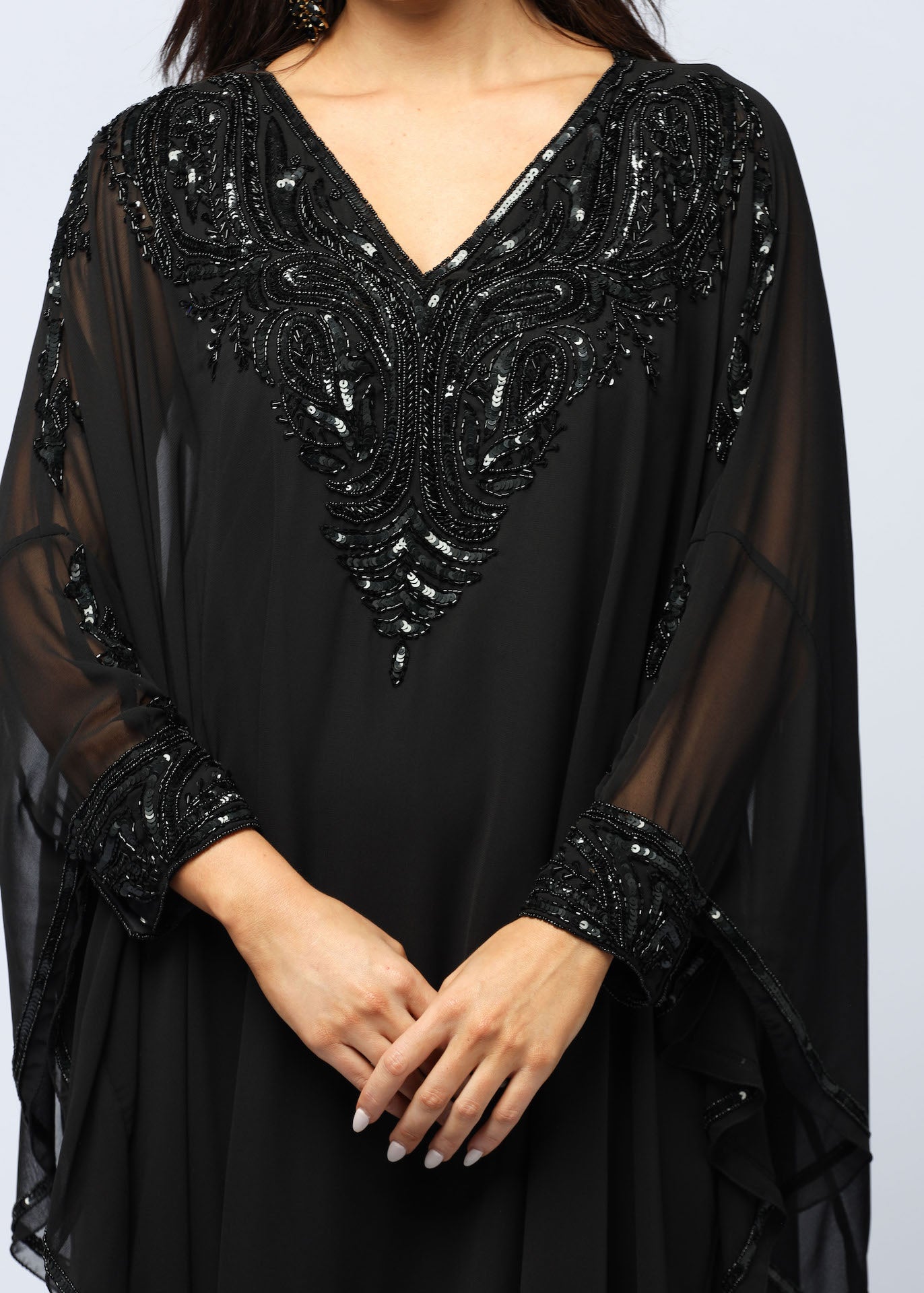 DESIGNER HAND BEADED BLACK KAFTAN DRESS WITH LUXURY AND COMFORT