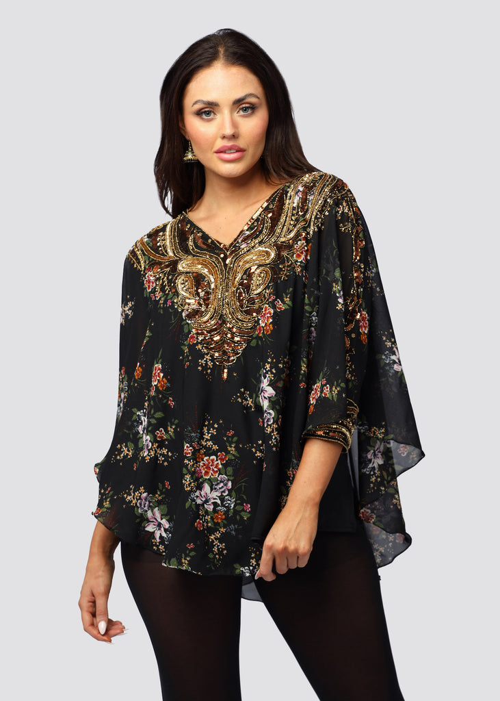 BLACK FLORAL ~ HAND BEADED KAFTAN TOP