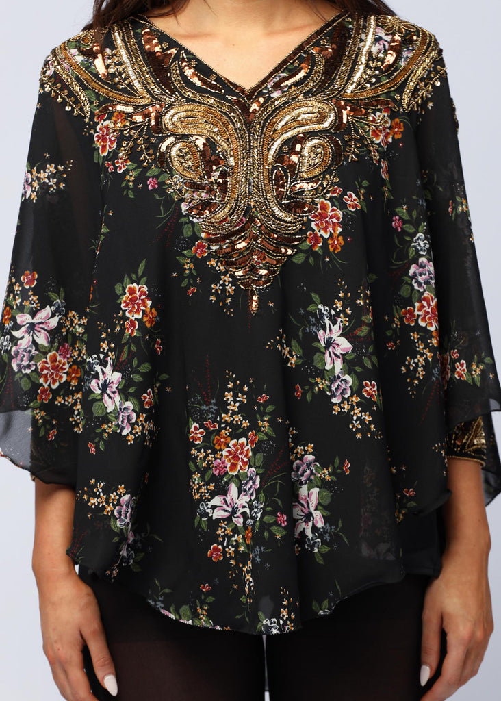 BLACK FLORAL ~ HAND BEADED KAFTAN TOP