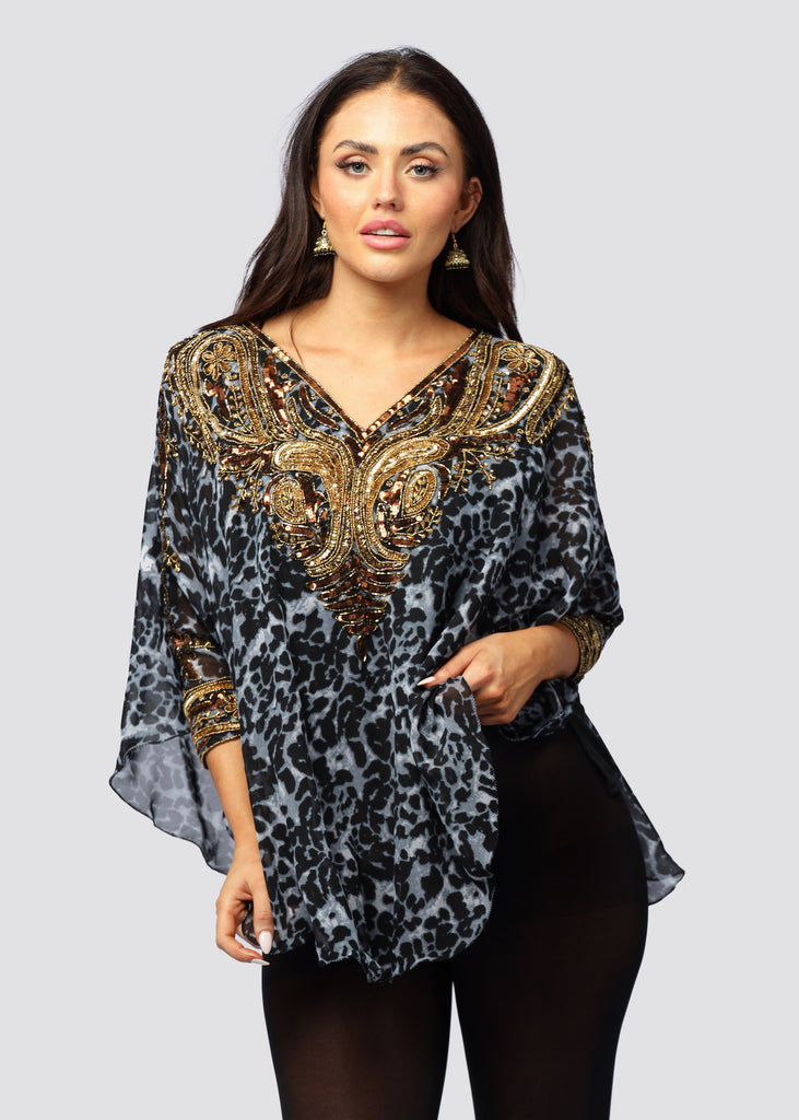 BLACK LEAPORD ~ HAND BEADED KAFTAN TOP