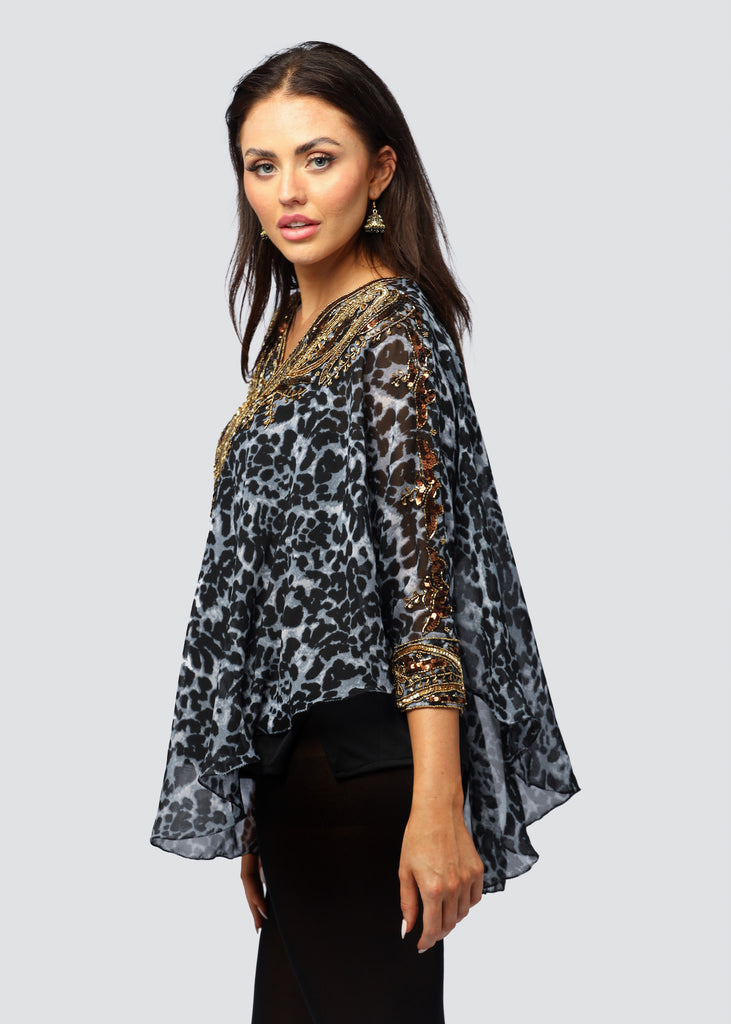 BLACK LEAPORD ~ HAND BEADED KAFTAN TOP