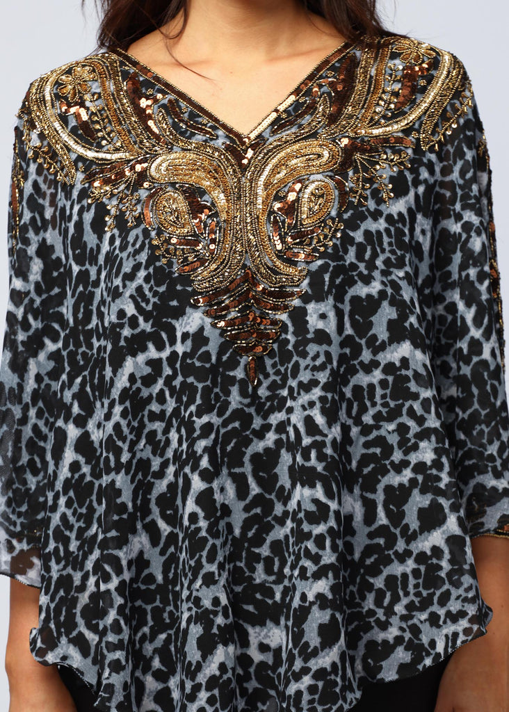 BLACK LEAPORD ~ HAND BEADED KAFTAN TOP