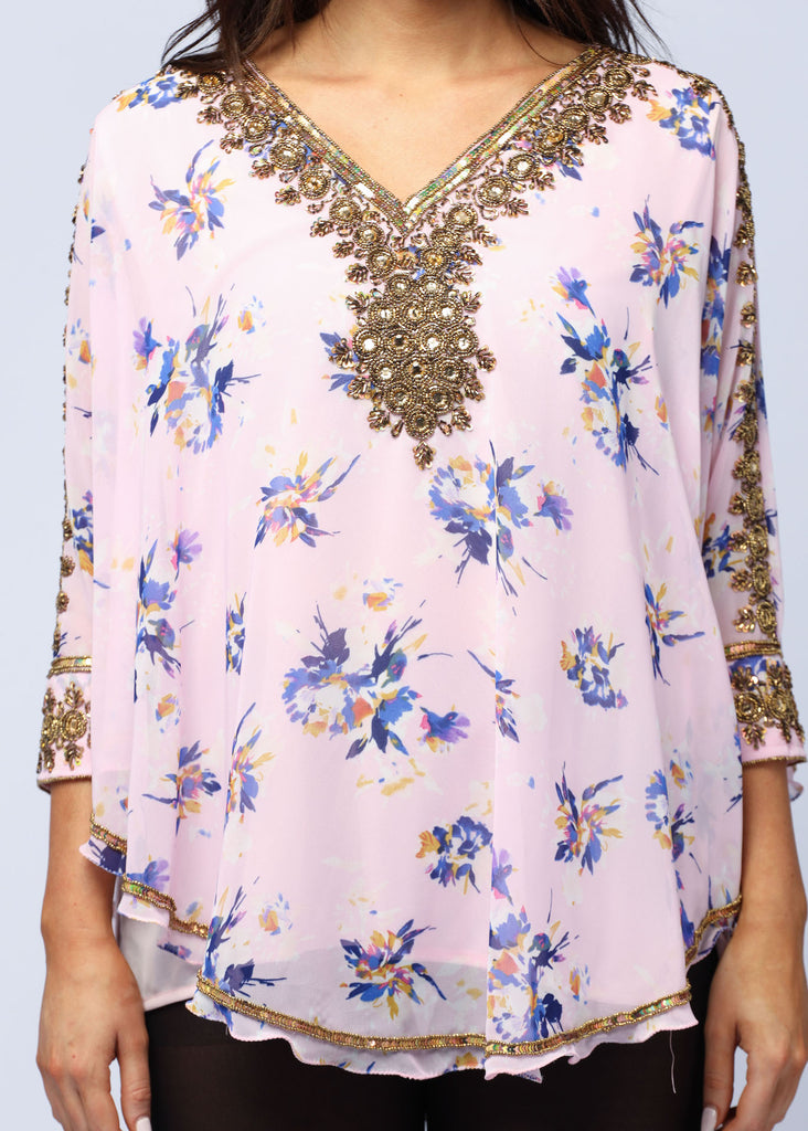 PINK FLORAL ~ HAND BEADED KAFTAN TOP_2