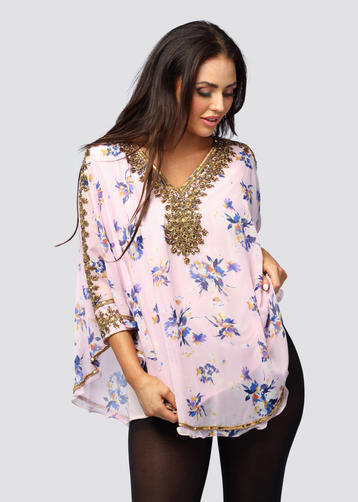 PINK FLORAL ~ HAND BEADED KAFTAN TOP_2