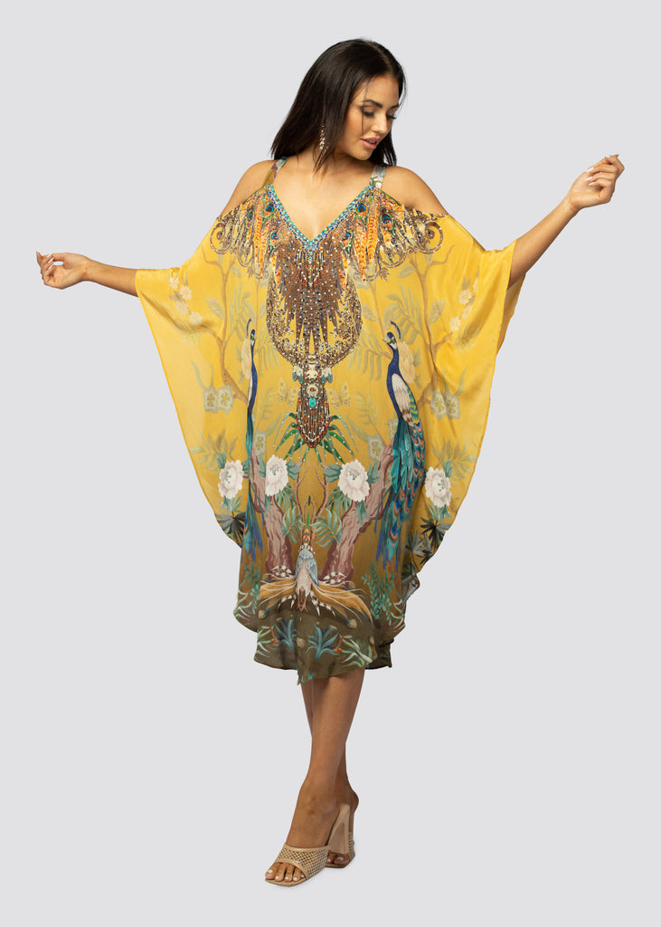 PEACOCK DESIRE ~ COLD SHOULDER MID KAFTAN