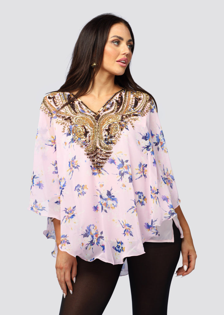 PINK FLORAL ~ HAND BEADED KAFTAN TOP