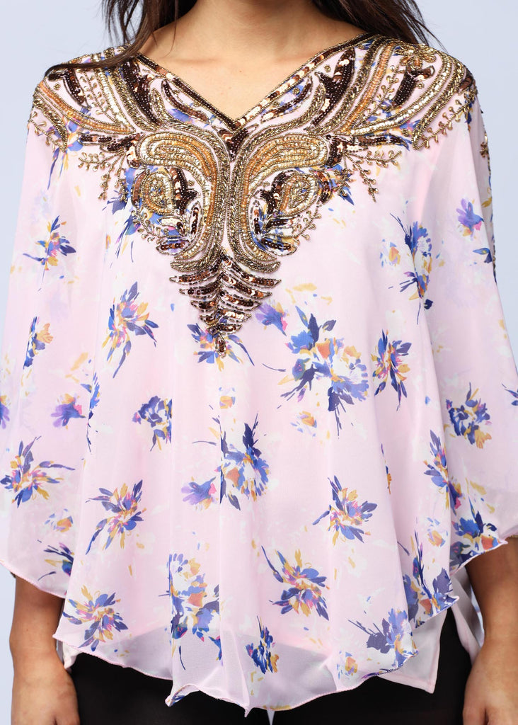 PINK FLORAL ~ HAND BEADED KAFTAN TOP