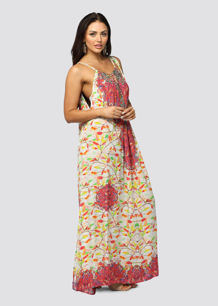 SPRING LEAVES ~ DRAWSTRING MAXI DRESS