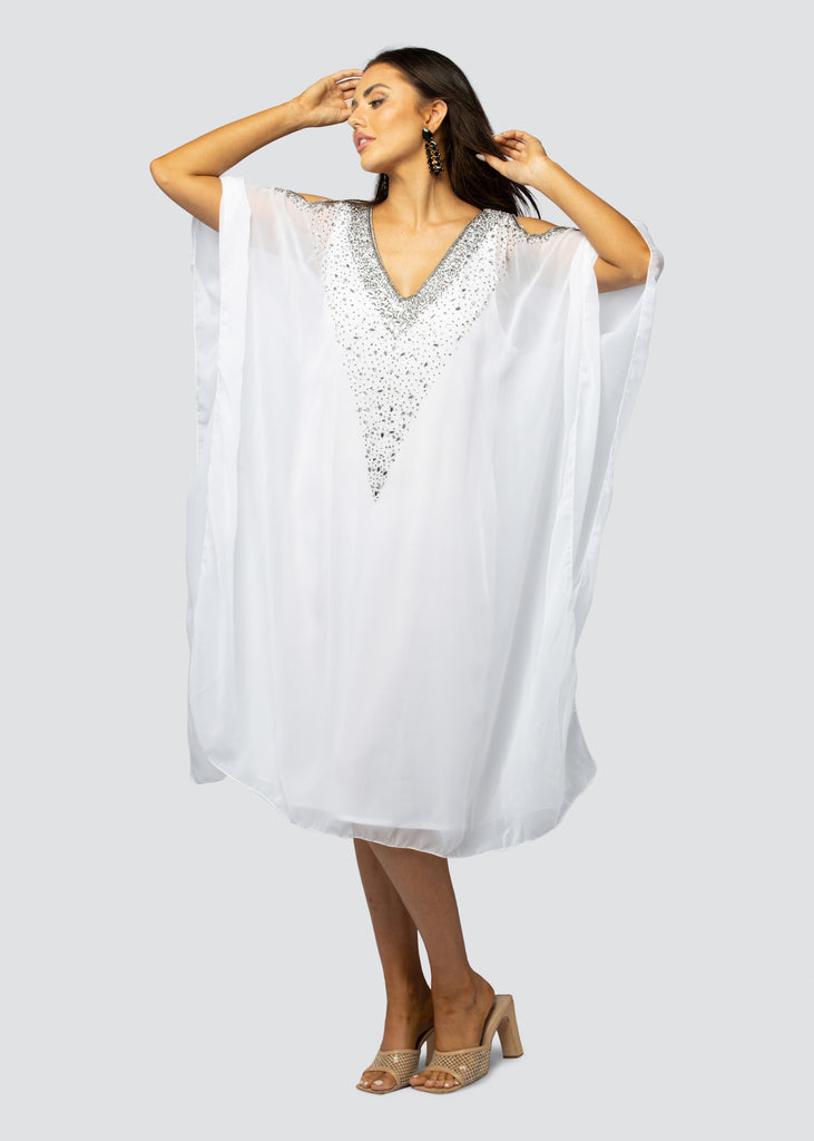 WHITE ~ COLD SHOULDER MID KAFTAN